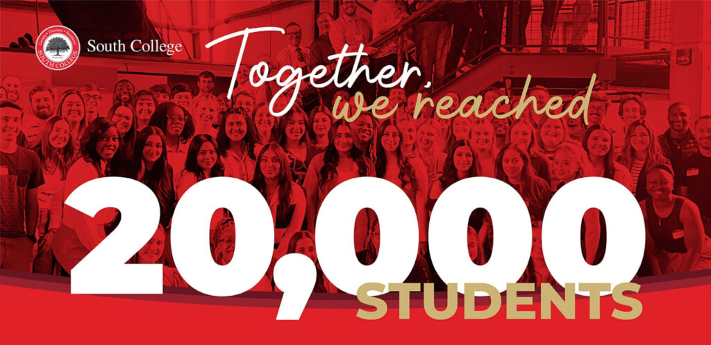 A large group of smiling students pose together in front of a staircase. Text reads: “South College. Together, we reached 20,000 students.” The image celebrates a milestone achievement.