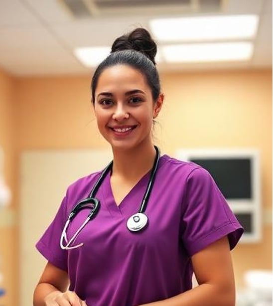 Smiling healthcare worker wearing purple scrubs and a stethoscope stands in a brightly lit medical office or clinic.