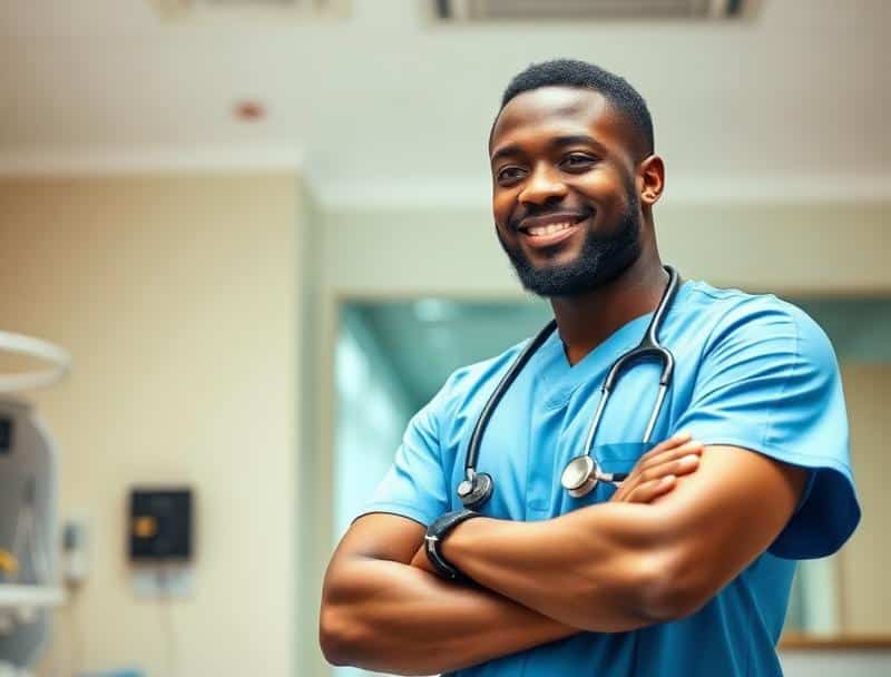 A smiling healthcare professional in blue scrubs with a stethoscope around their neck stands confidently in a brightly lit medical office.