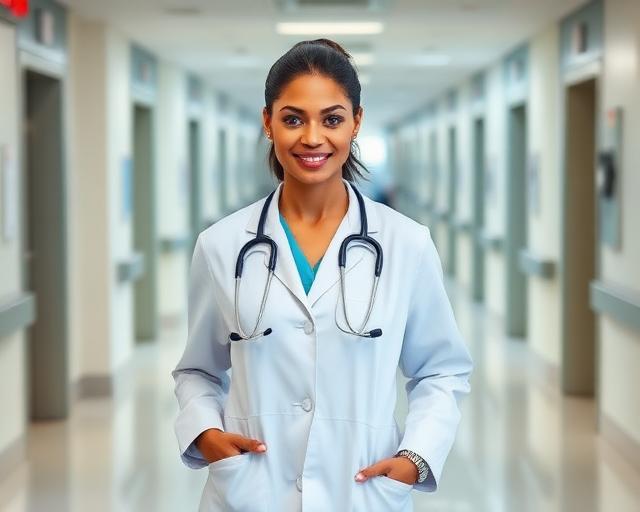 A woman in a white lab coat with a stethoscope stands smiling in a brightly lit hospital hallway.