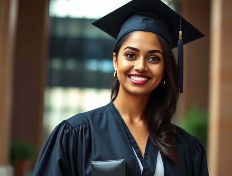 A graduate wearing a black cap and gown smiles while holding a diploma folder, standing indoors with blurred background.