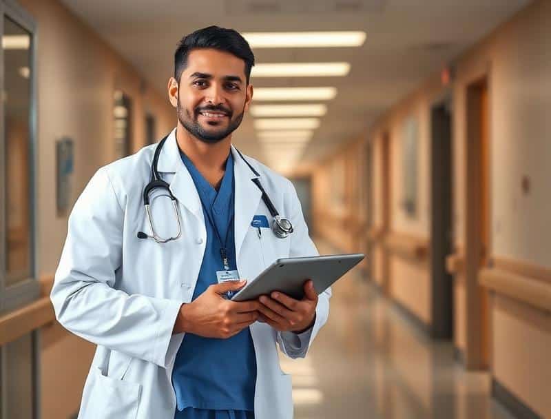 A doctor in a white coat with a stethoscope smiles while holding a tablet in a brightly lit hospital hallway.