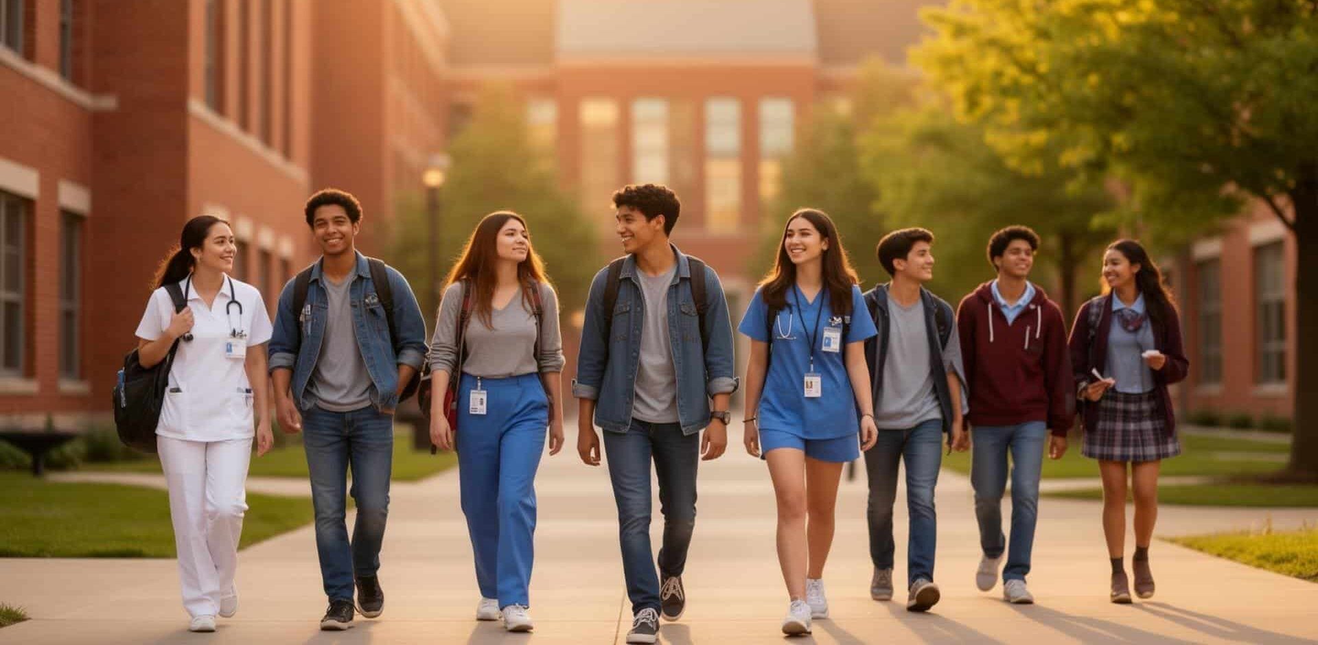 A group of diverse students, some in medical scrubs and others in casual or school uniforms, walk together on a sunny college campus with red brick buildings and green trees.
